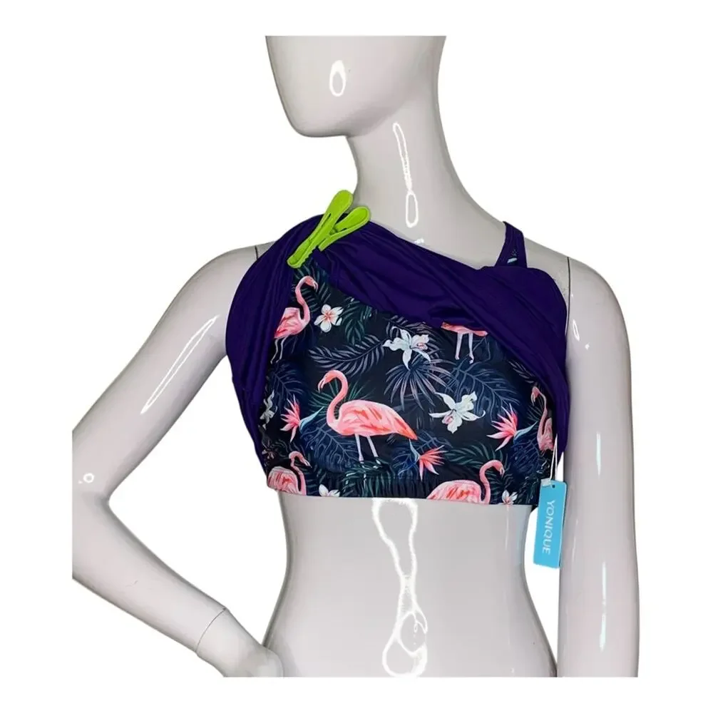 Yonique NWT Tankini Top with a Built in Flamingo Patterned Bra Size M